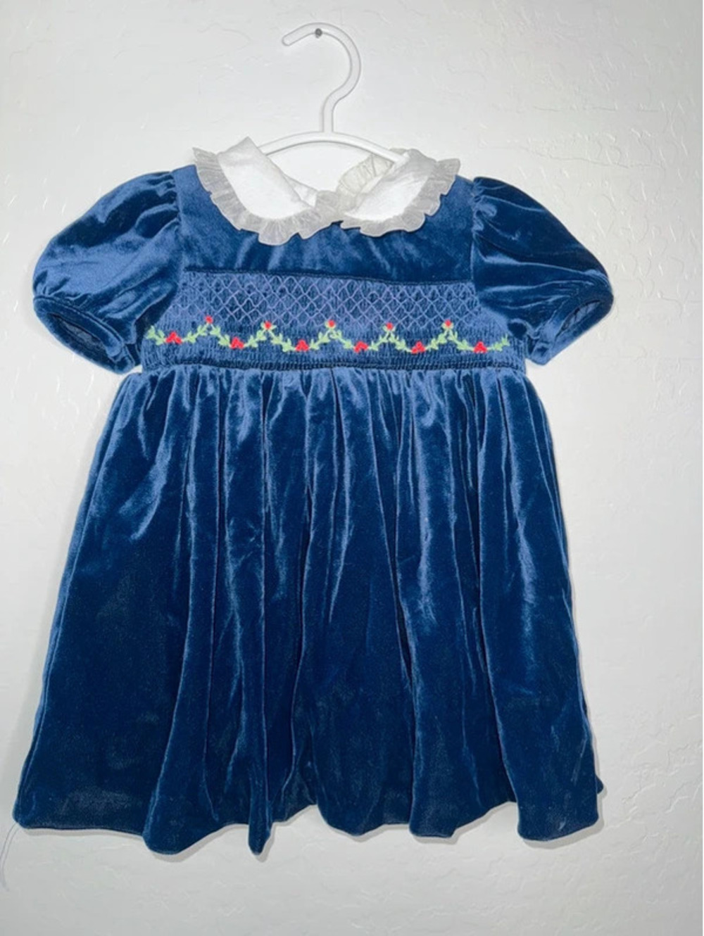 Vintage 24 mo velvet deep blue smocked lined dress